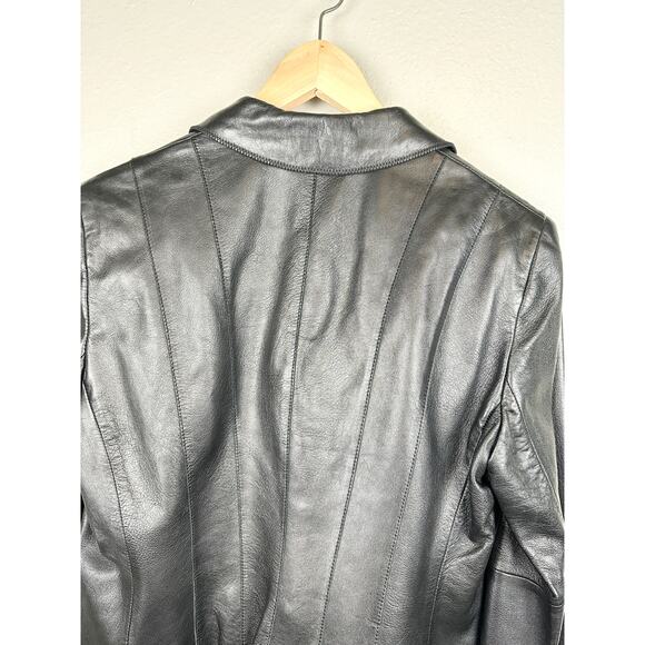 Vintage Y2K 100% Leather Black Blazer Two Button Up Minimalist Jacket Medium - Picture 8 of 12